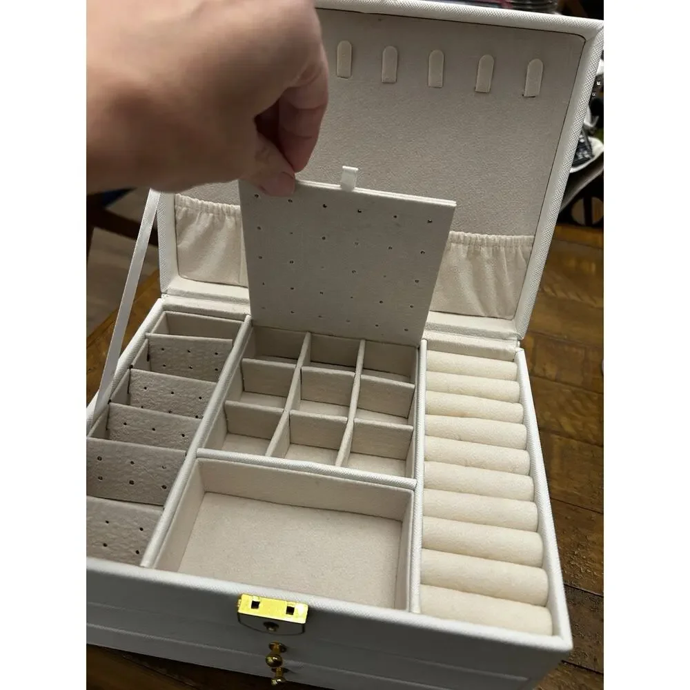 White Faux Leather Jewelry Box Organizer, Lockable 2-Drawer Velvet Lined